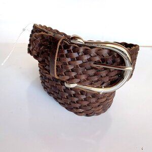 Michael Kors Woven Wide Leather Belt Brown SMALL Silver Metal